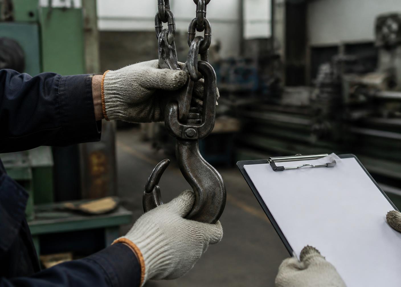 Mekaniker gennemgår løftekrog og kæde efter checkliste i værkstedet