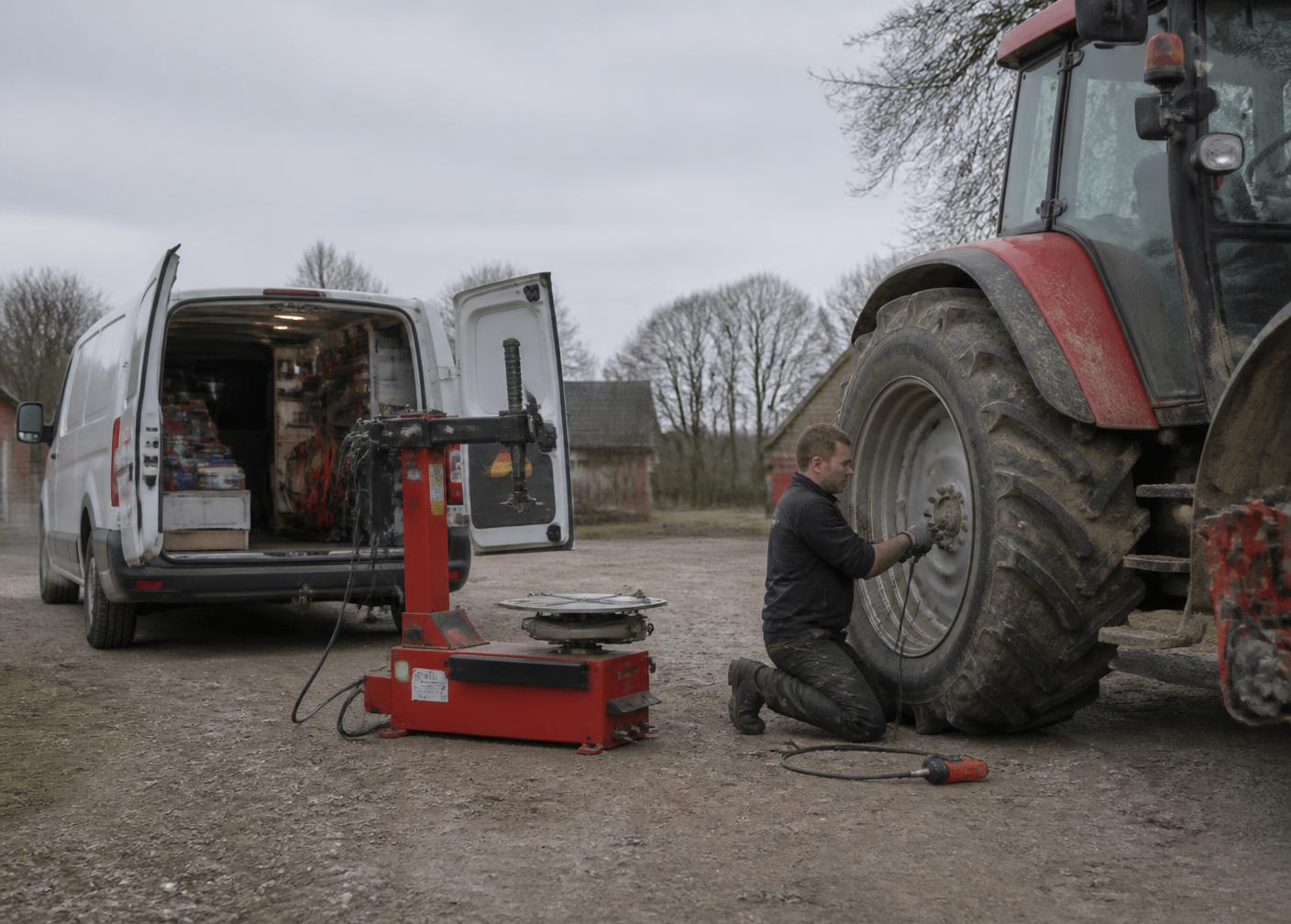 Mekaniker skifter dæk på en traktor ved siden af servicebilen i en gårdsplads