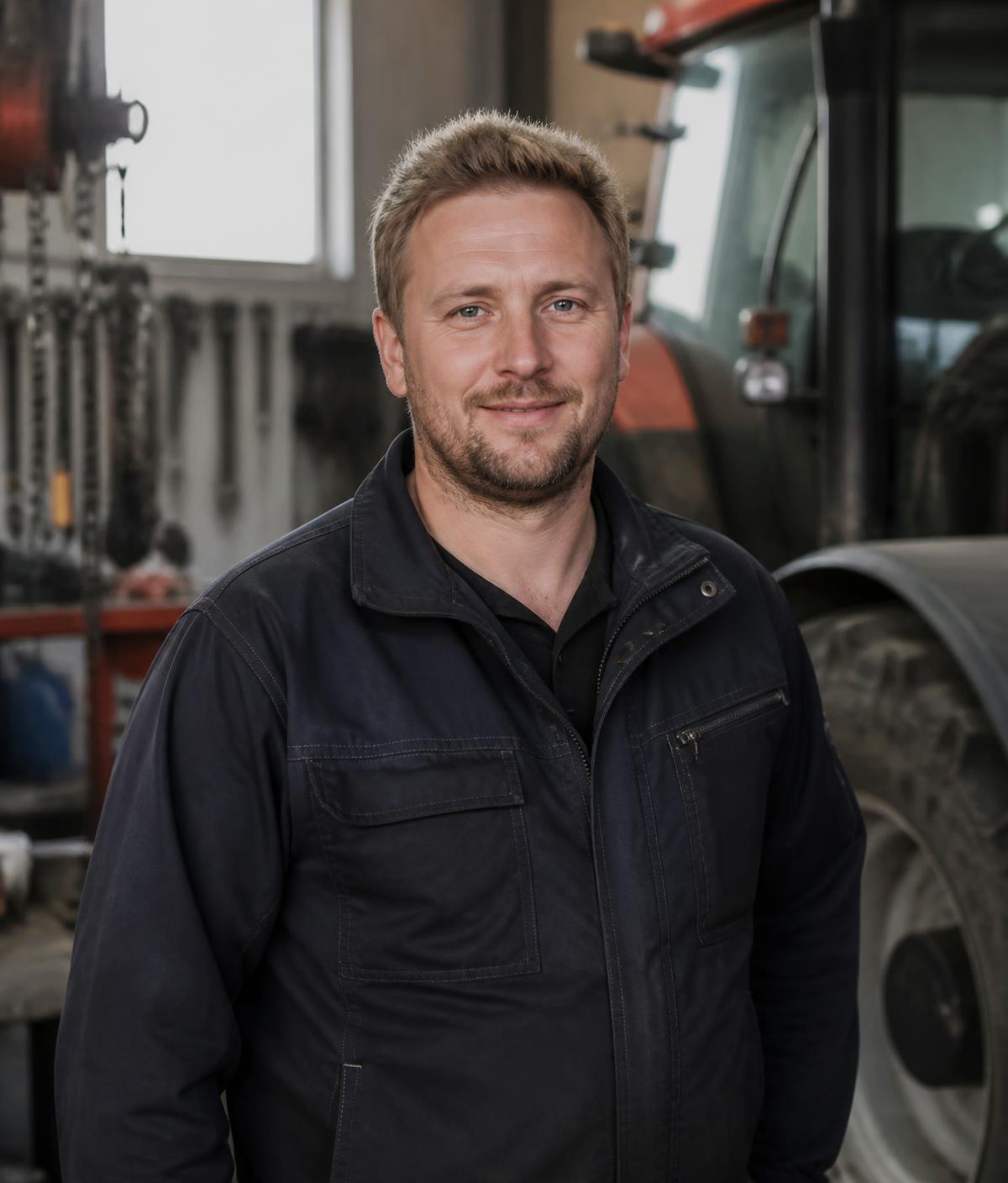 Jeppe Andersen står i værkstedet foran en traktor